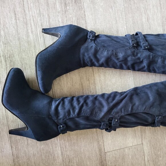 Black Suede Stiletto Knee-High Boots with Buckle - Picture 1 of 2